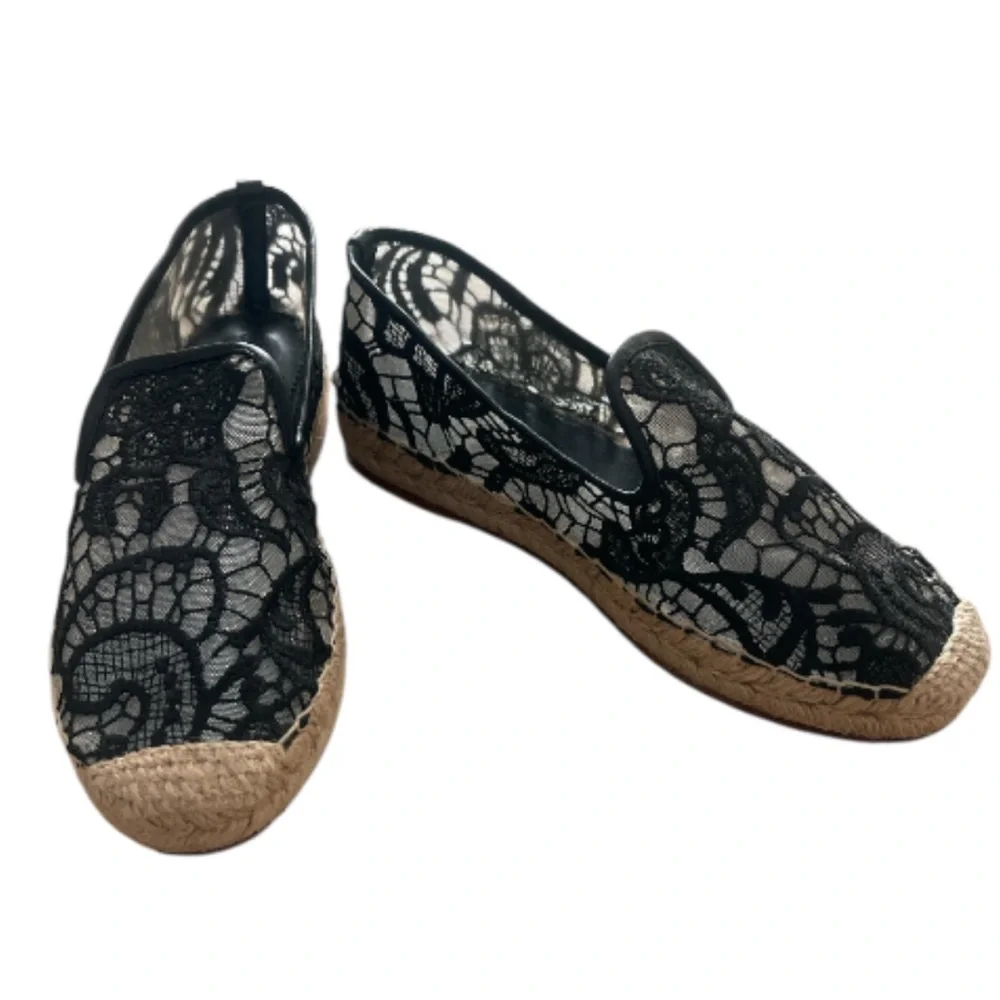 Elyse Walker Black Lace Espadrilles Size 36 Designer Lace Slip On Flats